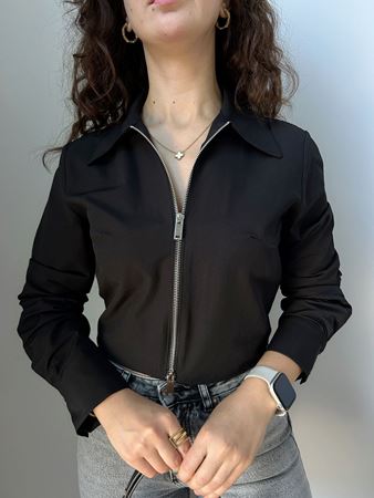 Siyah Fermuarlı Crop Gömlek