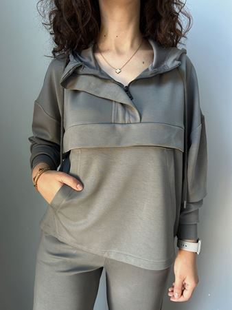 OYS Gri Yaka Fermuarlı Kapüşonlu Modal Takım