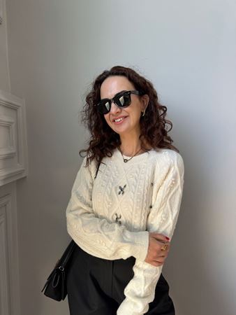 Ekru Bisiklet Yaka Taş İşlemeli Kazak