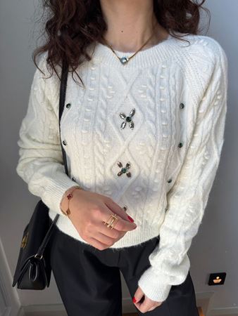 Ekru Bisiklet Yaka Taş İşlemeli Kazak