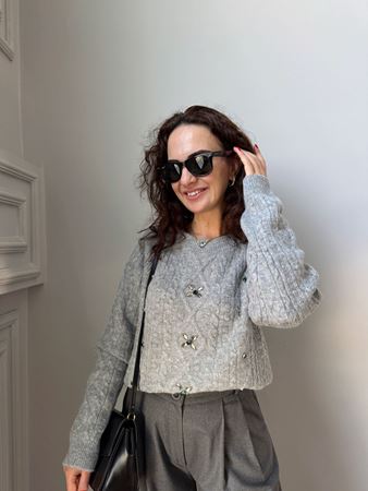 Gri Bisiklet Yaka Taş İşlemeli Kazak