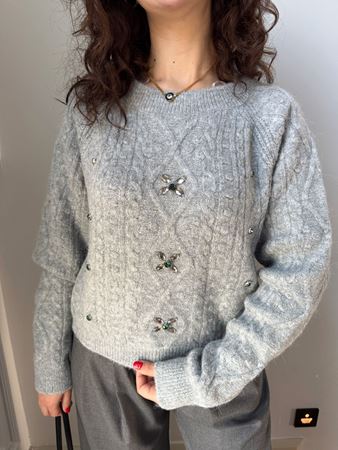 Gri Bisiklet Yaka Taş İşlemeli Kazak