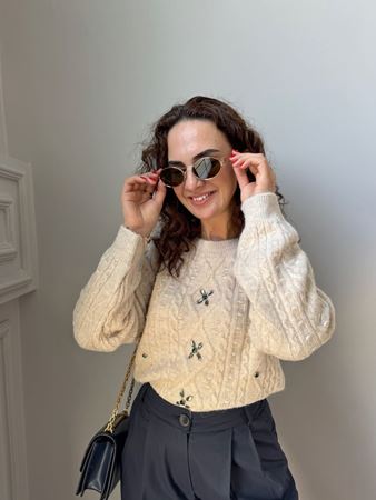 Bej Bisiklet Yaka Taş İşlemeli Kazak