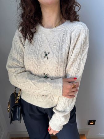 Bej Bisiklet Yaka Taş İşlemeli Kazak