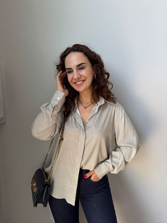 Lacivert Bej Çizgili Saten Gömlek