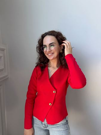 M.D. Kırmızı Gold Düğmeli Kruvaze Hırka