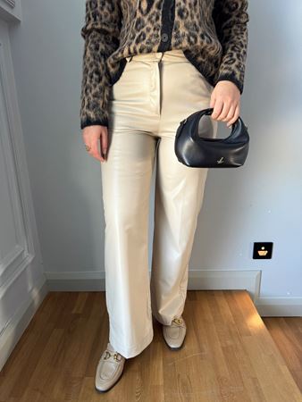 Taş Rengi Bol Paça Deri Pantolon