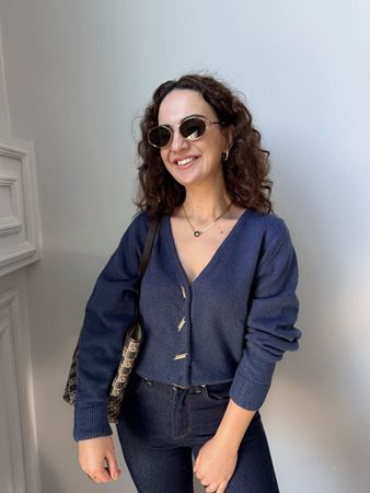 İndigo Düşük Omuz Düğme Detaylı Hırka