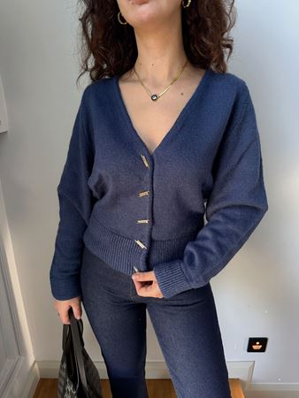 İndigo Düşük Omuz Düğme Detaylı Hırka