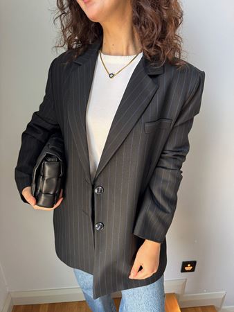 Siyah Mavi Çizgili Kemİk Düğmeli Oversize Ceket