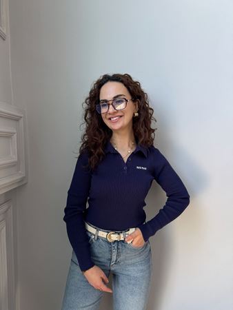 Lacivert Polo Yaka Fitilli Triko