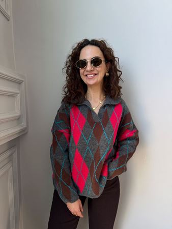 Antrasit Nar Patlı Baklava Desenli Kazak