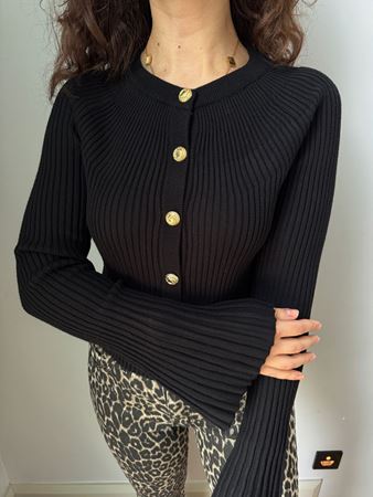 Siyah Bisiklet Yaka Düğmeli İspanyol Kol Triko Hırka