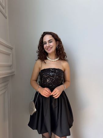 Siyah Payetli Straplez Mini Balon Elbise