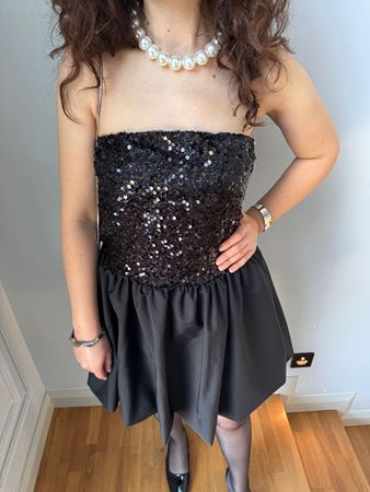 Siyah Payetli Straplez Mini Balon Elbise