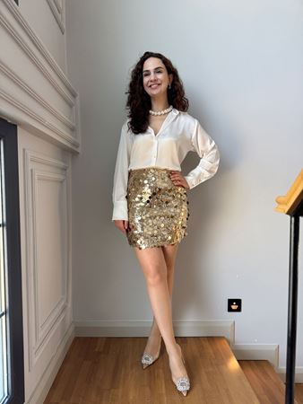 Gold Pullu Beli Lastikli Mini Etek