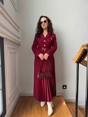 Bordo Kemerli Ceket Pliseli Etek Takım