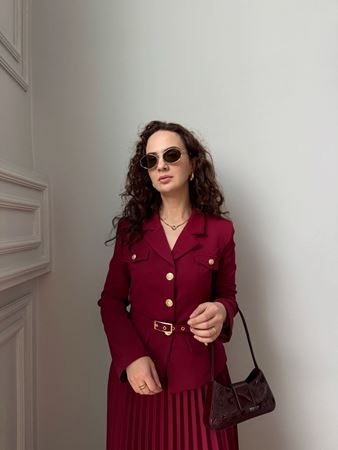 Bordo Kemerli Ceket Pliseli Etek Takım