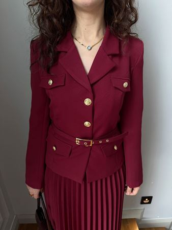 Bordo Kemerli Ceket Pliseli Etek Takım