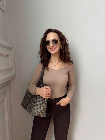 Camel Geniş V Yaka Fitilli Triko