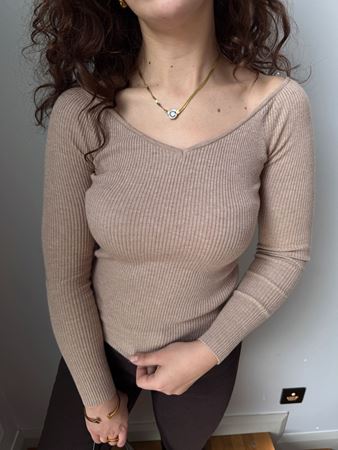 Camel Geniş V Yaka Fitilli Triko