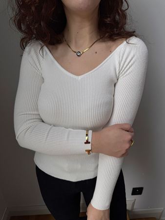 Ekru Geniş V Yaka Fitilli Triko