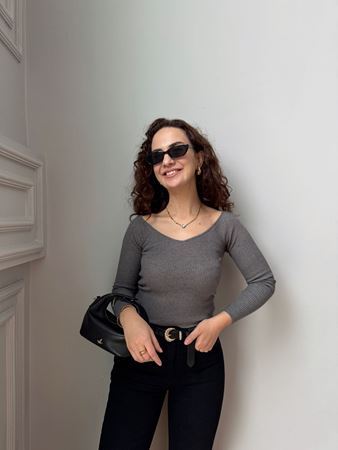 Antrasit Geniş V Yaka Fitilli Triko