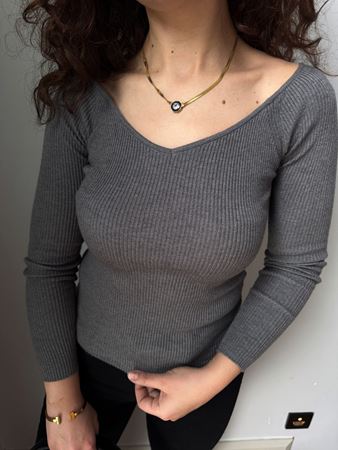 Antrasit Geniş V Yaka Fitilli Triko