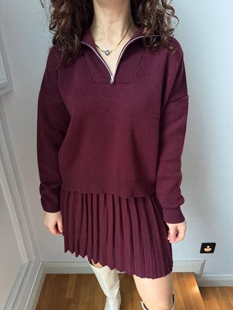 Bordo Kamyoner Yaka Kazak Pliseli Etek Triko Takım