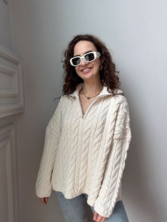 Ekru Kamyoner Yaka Saç Örgü Kazak