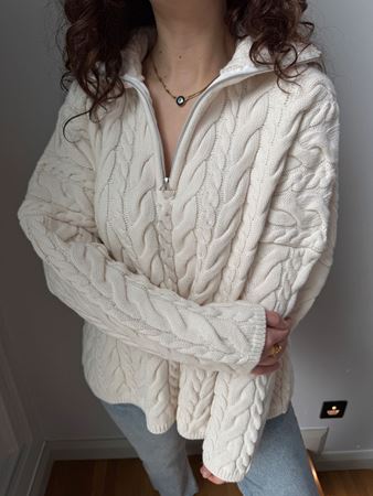 Ekru Kamyoner Yaka Saç Örgü Kazak