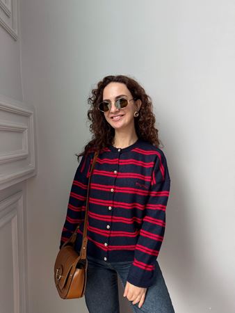 Lacivert Yazı Nakışlı Çizgili Gold Düğmeli Hırka