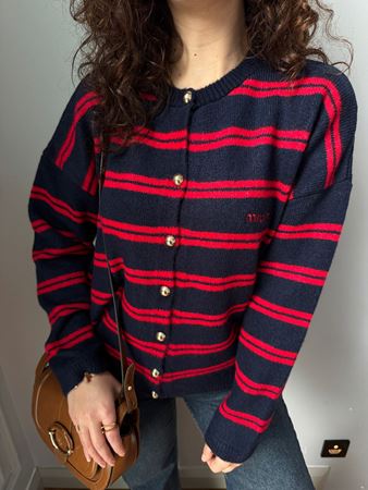 Lacivert Yazı Nakışlı Çizgili Gold Düğmeli Hırka