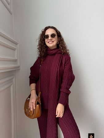 Bordo Atkılı Saç Örgülü Triko Takım