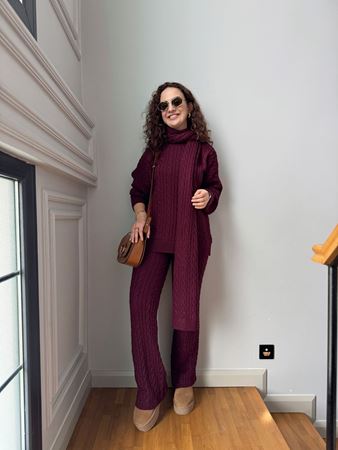 Bordo Atkılı Saç Örgülü Triko Takım