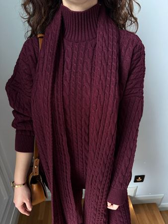 Bordo Atkılı Saç Örgülü Triko Takım