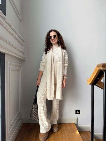 Krem Atkılı Saç Örgülü Triko Takım