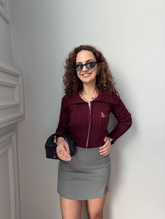 Bordo Fermuarlı Yaka Detaylı Teddy Hırka