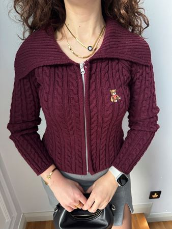 Bordo Fermuarlı Yaka Detaylı Teddy Hırka