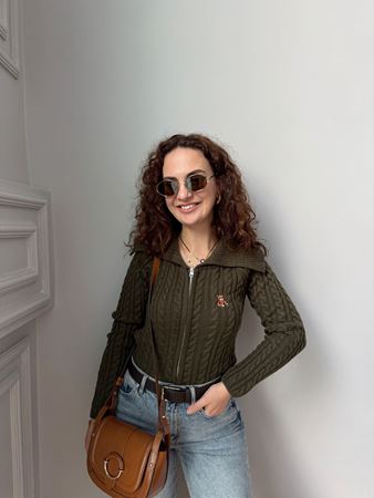 Haki Fermuarlı Yaka Detaylı Teddy Hırka