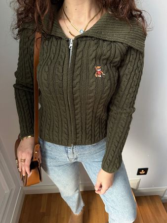 Haki Fermuarlı Yaka Detaylı Teddy Hırka