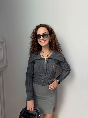 Antrasit Fermuarlı Yaka Detaylı Teddy Hırka