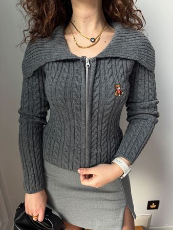 Antrasit Fermuarlı Yaka Detaylı Teddy Hırka