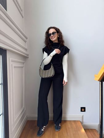 Siyah Yüksek Bel Fitilli Pantolon