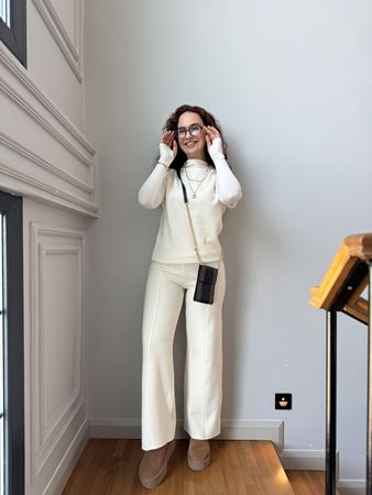 Ekru Yüksek Bel Fitilli Pantolon