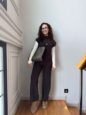 Kahverengi Yüksek Bel Fitilli Pantolon