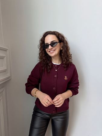 Bordo Ayıcık Nakışlı Hırka