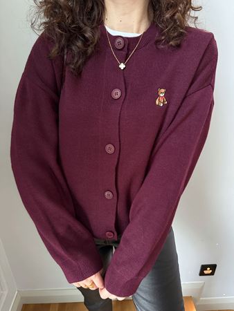 Bordo Ayıcık Nakışlı Hırka