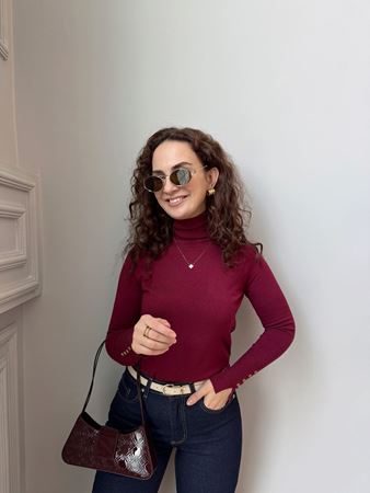 Bordo Balıkçı Yaka Kolu Droplu Triko