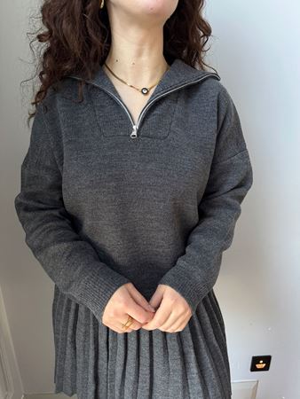 Gri Kamyoner Yaka Kazak Pliseli Etek Triko Takım